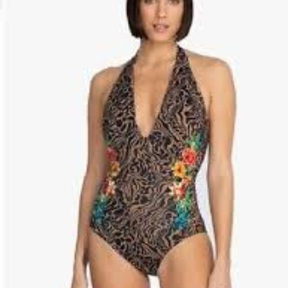 BRAND NEW JOHNNY WAS PLUS Millo halter embroidered one-piece SWIMSUIT - Picture 2 of 6